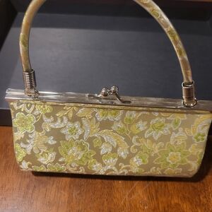 Asian Floral Patterned Handbag - Gold and Green